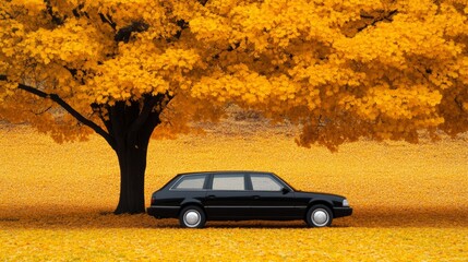 Wall Mural - Black hearse parked under a tree with golden leaves, capturing the serene beauty of an autumn funeral 