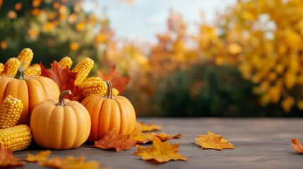 Canvas Print - Blank Thanksgiving flyer mockup set against a table decorated with fall elements like squash, corn, and golden leaves, ready for marketing use 