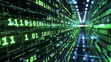 Poster - Digital tunnel filled with binary code and glowing data streams in a futuristic setting