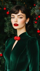 Poster - Christmas look with a velvet green dress and red accessories, capturing the essence of the holiday season with classic colors 