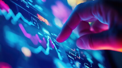 Poster - A finger interacts with a digital screen displaying financial data and graphs.