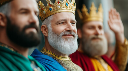 Poster - Colorful street procession with Three Kings waving from floats, representing the joyful spirit of the Feast of the 3 Kings 