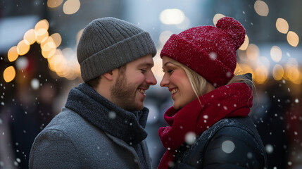 Sticker - Couple enjoying glintwein in the heart of a snowy Christmas market, surrounded by twinkling lights, holiday music, and festive decorations 