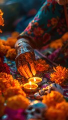 Día de los Muertos: Elderly Hand Lighting Candle on Vibrant Altar with Marigolds and Sugar Skulls