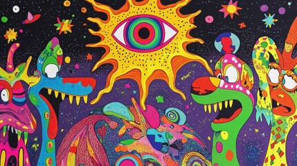 A colorful abstract illustration of a sun with an eye in the center, surrounded by a dark blue starry sky, and three fantastical creatures.