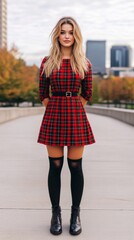 Wall Mural - Festive Christmas look with a red plaid dress, black tights, and ankle boots, paired with minimal makeup for a classic holiday style 