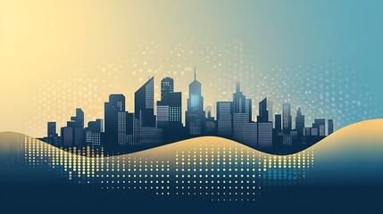 Poster - A stylized cityscape silhouette with a yellow gradient background and blue wave pattern.