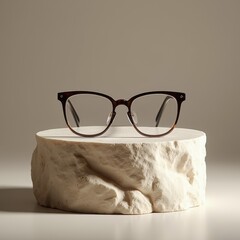 A stylish pair of tortoiseshell glasses displayed on a natural stone pedestal in soft light, capturing modern fashion sensibilities