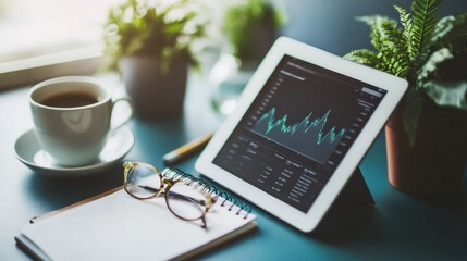 Poster - A workspace featuring a tablet displaying data, a notebook, glasses, coffee, and plants.