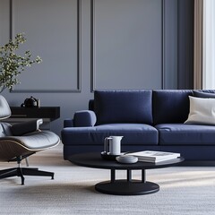 Dark blue sofa and recliner chair in scandinavian apartment. interior design of modern living room.