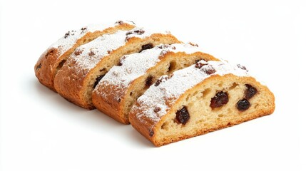 Wall Mural - Golden-brown German Stollen dusted with powdered sugar sliced to reveal candied fruit and nuts isolated on a white background 