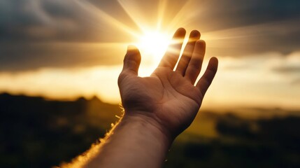 Poster - Hand reaching toward the sky with golden rays shining down symbolizing a connection with God and prayer 