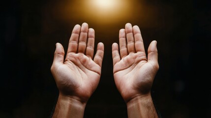 Poster - Hands in prayer raised toward a golden light, symbol of faith and hope, spiritual theme 