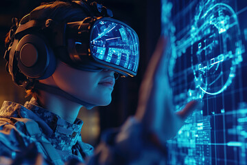 Warfare analytic operator checking coordination of the military troops on a digital device with virtual reality glasses