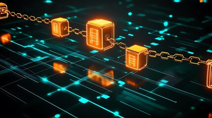 Poster - 3D rendering of a blockchain chain with glowing orange blocks linked by gold chains on a dark blue digital background.
