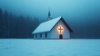 © fotogurme - Peaceful church scene with glowing cross and snow-covered trees outside nighttime soft blue hues