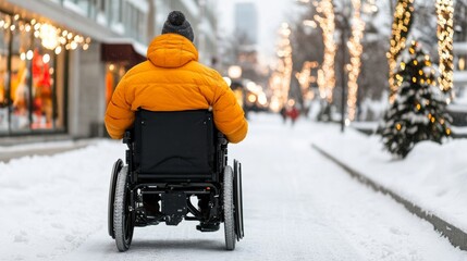 Poster - Person using a power wheelchair on a snow-cleared sidewalk, passing by warmly lit holiday decorations and festive shops 