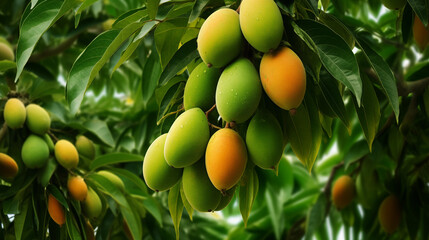 A picturesque mango tree showcasing clusters of green mangoes, embodying the beauty of nature and the excitement of future harvests.