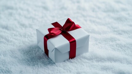 Sticker - Present wrapped in white paper with a red ribbon, set in fresh snow, festive White Christmas gift theme 