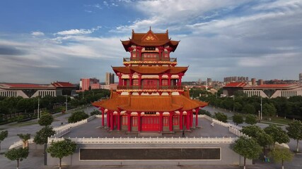 Wall Mural - view of ancinet pavilion by river huang he in shanxi