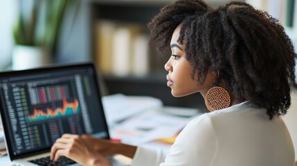 Poster - A woman analyzing data on a laptop, focused on financial charts and graphs.