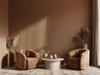 Warm and inviting contemporary living room interior with two beige armchairs and a coffee table on a beige rug. Sunbeams and minimalist home decor create a cozy atmosphere