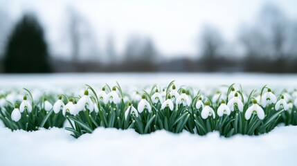 Wall Mural - Snowdrops scattered across a snowy field, their white petals glowing in the cool winter air, distant trees blurred in the background under a pale sky 