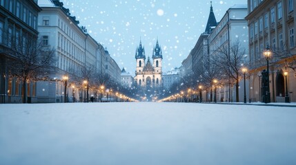 Wall Mural - Snowy European city square lit up with festive Christmas lights, a magical winter travel experience 