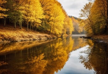 Vibrant yellow leaves create a stunning autumn display around a calm lake, with reflections mirroring the foliage on the water's surface as the day comes to a close. Generative AI