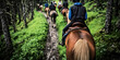 © IndigoElf - Back view of group of people on horseback navigate a narrow, lush green forest trail
