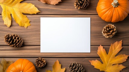 Sticker - Thanksgiving invitation mockup with a blank card, pumpkins, fall leaves, and pinecones set against a wooden background, ready for customization 