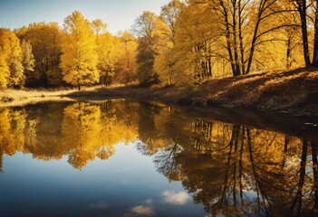 Wall Mural - Vibrant yellow leaves create a stunning autumn display around a calm lake, with reflections mirroring the foliage on the water's surface as the day comes to a close. Generative AI