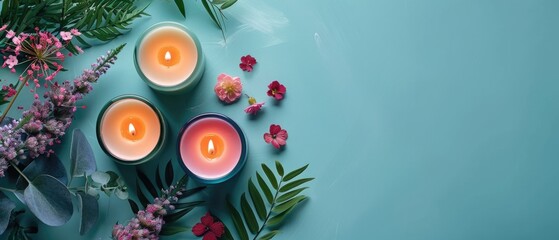 Lit candle and colorful flowers on a light textured background. Flat lay composition with copy space for relaxation and spa design. Top down aerial view of candles. Recreation concept. AIG55.