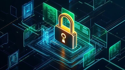 Poster - A glowing padlock icon sits atop a circuit board, surrounded by digital data streams, symbolizing the importance of cybersecurity in the digital age.