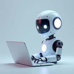 Cute friendly artificial intelligence robot using laptop computer with white neon glow light, chatbot and AI assistant concept futuristic technology 3d illustration, banner