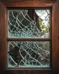 Canvas Print - Smashed glass window in an old wooden frame with finely broken glass and a cracked frame showcasing retro elements and pieces of glass in a close up view providing space for text relevant to horror