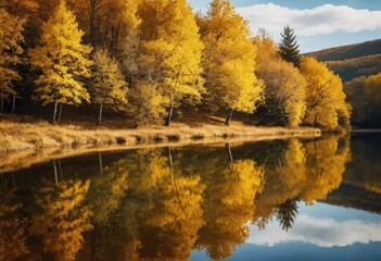 Wall Mural - Vibrant yellow leaves create a stunning autumn display around a calm lake, with reflections mirroring the foliage on the water's surface as the day comes to a close. Generative AI