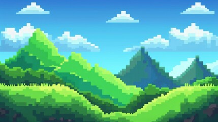 Wall Mural - 8-bit pixelated landscape: green hills and blue sky for gaming posters and ads