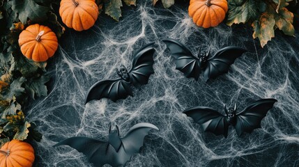 Poster - Halloween themed decorations with bats and spider webs shot from above
