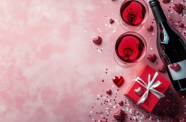 Wall Mural - Celebrating love with red wine and sweet treats on a pink background for a romantic occasion