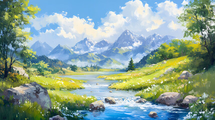 Wall Mural - a serene landscape with a flowing river, lush green meadows, majestic mountains in the background, a