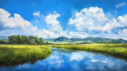 Wall Mural - a serene landscape with a flowing river, lush green meadows, majestic mountains in the background, a