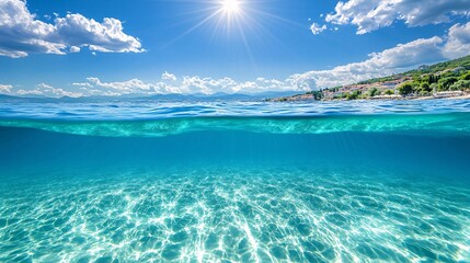 Split underwater view with sunny sky and serene sea,photography