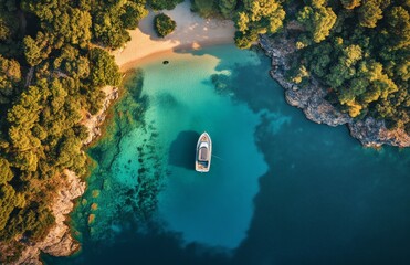 Wall Mural - Aerial view of a serene boat anchored in a turquoise cove surrounded by lush greenery