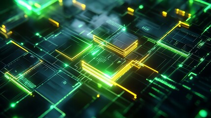Poster - Abstract glowing green and yellow circuit board with lines and squares.