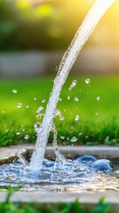 Wall Mural - Water pours gracefully from a hose into a garden pond as the summer sun sets behind lush greenery