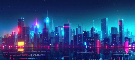Wall Mural - retro futuristic pixel art cityscape with neon lights for tech ads and nightlife promotions