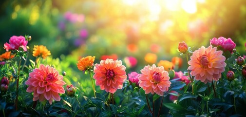 Vibrant garden filled with blooming peach dahlias during golden hour sunlight