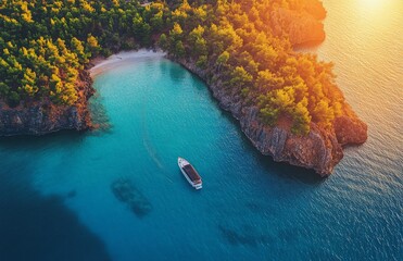 Wall Mural - Aerial view of a serene boat anchored in a turquoise cove surrounded by lush greenery