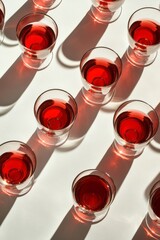 Elegant arrangement of red drinks in clear glasses on a bright surface with dramatic shadows